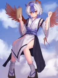 Rule 34 | 1girl, alternate costume, bird wings, blue sky, book, closed mouth, cloud, commentary, commission, english commentary, full body, geta, head wings, highres, holding, holding book, horns, japanese clothes, kimono, kourindou tengu costume, looking at viewer, multicolored hair, outdoors, pygrenix, red eyes, red wings, ribbon-trimmed sleeves, ribbon trim, sash, short hair, single head wing, sky, socks, solo, tokiko (touhou), touhou, two-tone hair, white hair, white kimono, white socks, wide sleeves, wings