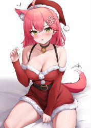 Rule 34 | +++, 1girl, ^^^, absurdres, ahoge, animal ear fluff, animal ears, bare shoulders, bed sheet, bell, belt, black belt, black collar, blush, breasts, cat ears, cat girl, cat tail, cleavage, collar, collarbone, commentary request, detached sleeves, dress, fur-trimmed dress, fur-trimmed sleeves, fur trim, green eyes, hair between eyes, hair ornament, hairclip, hand up, hat, highres, hololive, jingle bell, kemonomimi mode, large breasts, looking at viewer, medium hair, mochitsuki karen, neck bell, parted bangs, parted lips, pink hair, red dress, red hat, red sleeves, sakura miko, santa hat, seiza, simple background, sitting, solo, tail, virtual youtuber, white background