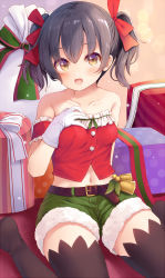 Rule 34 | :d, bad id, bad pixiv id, bare shoulders, bell, belt, black hair, black thighhighs, blush, box, breasts, brown belt, brown eyes, buttons, christmas, collarbone, detached sleeves, fang, frilled sleeves, frills, fur-trimmed shorts, fur trim, gift, gift box, gloves, green shorts, hair between eyes, hair ribbon, hand on own chest, hand up, indoors, komone ushio, looking at viewer, midriff, navel, no shoes, open mouth, original, red ribbon, ribbon, santa costume, shorts, sitting, small breasts, smile, solo, thighhighs, twintails, wariza, white gloves