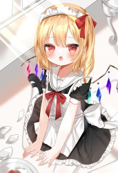 Rule 34 | 1girl, :d, @ @, absurdres, accident, alternate costume, apron, black dress, black skirt, blonde hair, blush, bow, broken plate, crystal, cup, dress, enmaided, failure, flandre scarlet, foot out of frame, frilled apron, frills, from above, hair between eyes, highres, indoors, light rays, looking at viewer, maid, maid apron, maid headdress, okome2028, one side up, open mouth, petticoat, plate, puffy short sleeves, puffy sleeves, red bow, red eyes, red ribbon, ribbon, short sleeves, sitting, skirt, smile, solo, teacup, tearing up, touhou, waist apron, wariza, white apron, white legwear, wings