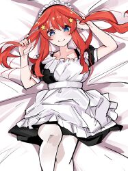 Rule 34 | 1girl, alternate costume, alternate hairstyle, apron, arms up, bed sheet, black dress, blue eyes, blush, closed mouth, collarbone, commentary, dress, enmaided, eyebrows hidden by hair, feet out of frame, frilled apron, frills, from above, go-toubun no hanayome, hair between eyes, hair ornament, highres, holding, holding own hair, long hair, looking at viewer, lying, maid, maid apron, maid headdress, mame1645, nakano itsuki, on back, pantyhose, puffy short sleeves, puffy sleeves, red hair, short sleeves, sidelocks, smile, solo, star (symbol), star hair ornament, twintails, white apron, white pantyhose