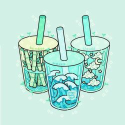 Rule 34 | artist name, bamboo, cloud, commentary, crescent moon, cup, disposable cup, drink, drinking straw, emily kim, english commentary, english text, food focus, green background, moon, no humans, original, simple background, sparkle, sprout, star (symbol), tea, waves