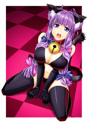 Rule 34 | 1girl, alto-00, animal ears, bell, black bra, black panties, black thighhighs, bow, bra, breasts, cat ears, cat girl, cat tail, checkered floor, cleavage, collar, elbow gloves, female focus, floor, gloves, hair bow, highres, jingle bell, kemonomimi mode, kneeling, large breasts, latex, latex gloves, lingerie, neck bell, open mouth, panties, patchouli knowledge, perspective, purple eyes, solo, tail, thighhighs, touhou, underwear