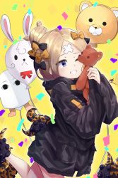 Rule 34 | 1girl, abigail williams (fate), abigail williams (traveling outfit) (fate), absurdres, balloon, bandaid, bandaid on face, bandaid on forehead, belt, black bow, black jacket, blonde hair, blue eyes, blush, bow, confetti, crossed bandaids, fate/grand order, fate (series), forehead, fou (fate), grin, hair bow, hair bun, heroic spirit traveling outfit, high collar, highres, hoseki1510, jacket, long hair, long sleeves, medjed (fate), multiple hair bows, official alternate costume, one eye closed, orange belt, orange bow, parted bangs, polka dot, polka dot bow, single hair bun, smile, solo, stuffed animal, stuffed toy, teddy bear, tentacles, thighs, yellow background
