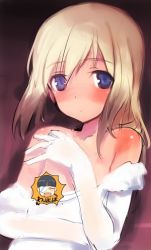 Rule 34 | 1girl, bare shoulders, blonde hair, blue eyes, blush, censored, character censor, dress, elbow gloves, erica hartmann, flat chest, gloves, lowres, novelty censor, off shoulder, sakamoto mio, shimada fumikane, sketch, solo, strike witches, wedding dress, world witches series