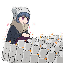 Rule 34 | 1girl, beanie, blue coat, blue hair, blush, brown scarf, closed mouth, coat, denden, dog, hands on own knees, hat, long sleeves, looking at another, motion lines, multiple dogs, pantyhose, parody, purple eyes, purple pantyhose, scarf, shima rin, sitting, smile, sparkle, squatting, too many, too many dogs, trembling, v-shaped eyebrows, white background, yurucamp