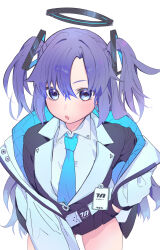 Rule 34 | 1girl, absurdres, black gloves, black skirt, blue archive, blue necktie, blush, collared shirt, cowboy shot, gloves, hair between eyes, halo, highres, jacket, long hair, long sleeves, looking at viewer, mechanical halo, necktie, open clothes, open jacket, open mouth, pleated skirt, purple eyes, purple hair, shirt, simple background, skirt, solo, two-sided fabric, two-sided jacket, two side up, valentine (02140314c), white background, white hair, white jacket, yuuka (blue archive)