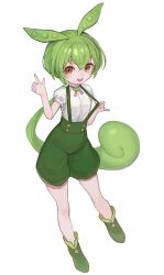 Rule 34 | 1girl, boots, full body, green footwear, green hair, green shorts, green suspenders, hair between eyes, hand up, highres, lack, looking at viewer, open mouth, orange eyes, puffy short sleeves, puffy shorts, puffy sleeves, shirt, short sleeves, shorts, solo, suspender shorts, suspenders, voicevox, white shirt, zundamon