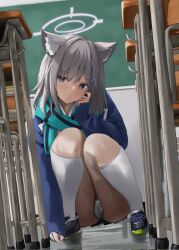 Rule 34 | 1girl, animal ear fluff, animal ears, aqua scarf, black footwear, blue archive, blue coat, blue eyes, blue halo, chair, chalkboard, classroom, closed mouth, coat, corrupted twitter file, cross, cross hair ornament, desk, disuto, grey panties, hair ornament, halo, highres, indoors, inverted cross, knees together feet apart, looking at viewer, mismatched pupils, multicolored footwear, panties, scarf, school chair, school desk, school uniform, shiroko (blue archive), smile, socks, solo, squatting, underwear, white socks, wolf ears, wolf girl