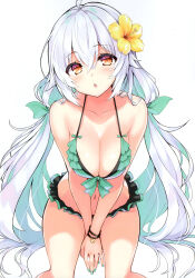 Rule 34 | 1girl, absurdres, ahoge, bare shoulders, bikini, blush, breasts, cleavage, collarbone, cu-no, fingernails, flower, frilled bikini, frills, green nails, hair flower, hair ornament, hibiscus, highres, hisen kaede, jewelry, long hair, looking at viewer, medium breasts, nail polish, navel, open mouth, own hands together, parted lips, rapua qive, scan, simple background, sitting, solo, stomach, swimsuit, thighs, white background, white hair, yellow eyes