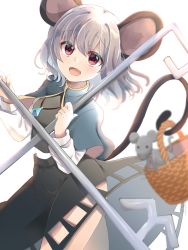 Rule 34 | 1girl, animal ears, basket, blue capelet, blush, breasts, capelet, commentary request, cowboy shot, crystal, dowsing rod, grey hair, grey skirt, grey vest, highres, holding, holding with tail, jewelry, layered clothes, long sleeves, looking at viewer, mouse (animal), mouse ears, mouse girl, mouse tail, nazrin, open mouth, pendant, ponta (wwtaimeww), prehensile tail, red eyes, shirt, short hair, simple background, skirt, skirt set, small breasts, smile, solo, tail, touhou, vest, white background, white shirt