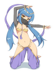Rule 34 | 1girl, :o, arabian clothes, arm up, bangle, barefoot, blue hair, bracelet, breasts, bridal gauntlets, cameltoe, circlet, detached sleeves, full body, groin, harem outfit, hip vent, jewelry, kneeling, long hair, low twintails, mouth veil, navel, no panties, open mouth, original, outstretched arm, sasaame, see-through, simple background, small breasts, solo, twintails, veil, very long hair, white background, yellow eyes