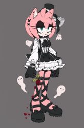 Rule 34 | 1girl, 3mia hadi3, amy rose, animal ears, animal nose, boots, dress, frills, furry, furry female, gloves, goth fashion, gothic lolita, green eyes, hairband, hat, hedgehog girl, highres, lolita fashion, pink fur, pink hair, ribbon, short hair, simple background, solo, sonic (series), tears, white gloves