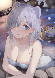 Rule 34 | 1girl, animal ears, arknights, aurora (arknights), bear ears, blue eyes, blush, breasts, cleavage, commentary request, food, highres, ice cream, kozeni isari, large breasts, looking at viewer, naked towel, onsen, open mouth, partially submerged, short hair, solo, spoon, towel, tray, water, white hair