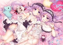 Rule 34 | 2girls, bare shoulders, bed, bed sheet, black ribbon, blush, breasts, character doll, cleavage, commentary request, dot nose, euryale (fate), euryale (third ascension) (fate), fate/grand order, fate/hollow ataraxia, fate (series), feet out of frame, frills, hairband, heart, heart-shaped pillow, interlocked fingers, jewelry, legband, lolita hairband, long hair, looking at viewer, lying, medium breasts, medusa (fate), medusa (rider) (fate), multiple girls, on back, on bed, open mouth, outstretched arm, pillow, purple eyes, purple hair, ribbon, ring, siblings, sisters, smile, stheno (fate), stheno (third ascension) (fate), stuffed toy, suzunone rena, take your pick, twins, twintails, wristband