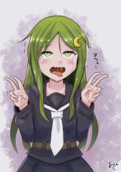 Rule 34 | 1girl, ahegao, akashieru, artist name, black sailor collar, black serafuku, black shirt, black skirt, commentary request, crescent, crescent hair ornament, curled fingers, drooling, green eyes, green hair, hair ornament, highres, kantai collection, long hair, looking at viewer, nagatsuki (kancolle), neckerchief, one-hour drawing challenge, open mouth, pleated skirt, sailor collar, saliva, school uniform, serafuku, shirt, skirt, solo, upper body, white neckerchief