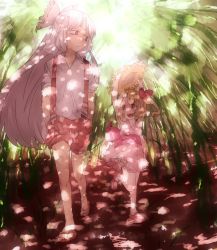 Rule 34 | 2girls, bamboo, bamboo forest, blonde hair, bow, dress, fang, female focus, flandre scarlet, forest, fujiwara no mokou, hair bow, hat, highres, hinamiko, long hair, mary janes, multiple girls, nature, open mouth, pants, red eyes, ribbon, sandals, shoes, short hair, shorts, side ponytail, smile, straw hat, suspenders, touhou, very long hair, white hair, wings
