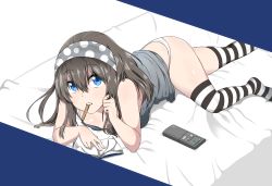 Rule 34 | 10s, 1girl, bad id, bad pixiv id, bed, blue eyes, blush, book, brown hair, controller, hairband, highres, idolmaster, idolmaster cinderella girls, long hair, looking at viewer, panties, popsicle stick, remote control, sagisawa fumika, solo, spicy moo, striped clothes, striped thighhighs, tank top, thighhighs, underwear, white panties
