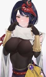 Rule 34 | 1girl, absurdres, black bodysuit, black gloves, blue hair, blush, bodystocking, bodysuit, breasts, commentary, covered navel, cowboy shot, elbow gloves, embarrassed, genshin impact, gloves, highres, kaa-san, kujou sara, large breasts, lifting own clothes, looking at viewer, mask, mask on head, short hair, upper body, yellow eyes
