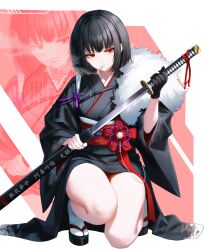 1girl black_gloves black_hair black_kimono bob_cut cigarette geta gloves goddess_of_victory:_nikke highres japanese_clothes katana kimono limbus_company obi parody project_moon red_sash ryoshu_(project_moon) sash sheath smoke smoking socks sohdvh_khos_ph solo squatting sword tabi unsheathing weapon white_background white_socks