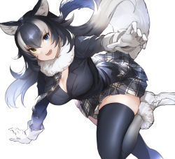 Rule 34 | 1girl, animal ear fluff, animal ears, bent over, black hair, black jacket, blazer, blue eyes, breasts, cleavage, commentary, foot out of frame, fur-trimmed footwear, fur collar, fur trim, gloves, gradient legwear, grey wolf (kemono friends), hair between eyes, heterochromia, highres, jacket, kemono friends, koruse, large breasts, leg up, long hair, long sleeves, looking at viewer, miniskirt, multicolored clothes, multicolored hair, multicolored legwear, necktie, open mouth, outstretched arms, plaid, plaid necktie, plaid neckwear, plaid skirt, simple background, skirt, sleeve cuffs, solo, standing, standing on one leg, tail, tail raised, teeth, thighhighs, two-tone hair, white background, white footwear, white gloves, white hair, yellow eyes, zettai ryouiki