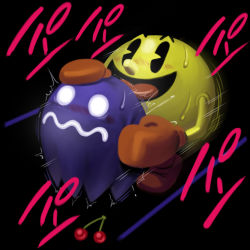 Rule 34 | 1boy, 1other, blush, boots, cherry, colored skin, creature, food, from behind, fruit, full body, ghost, gloves, interspecies, mittens, monster, motion lines, namco, no humans, o o, pac-man, pac-man (game), pac-man eyes, purple skin, rape, red footwear, red mittens, sakkan, scared, sex, sex from behind, smile, sweat, text focus, translated, wavy mouth, what
