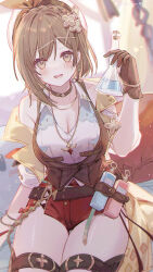 Rule 34 | 1girl, absurdres, atelier (series), atelier ryza, atelier ryza 1, bare shoulders, belt, breasts, brown eyes, brown hair, choker, cleavage, earrings, gloves, hair ornament, hairclip, hat, highres, jewelry, large breasts, looking at viewer, necklace, reisalin stout, short hair, sleeveless, solo, thighs, umehara sei, vest, x hair ornament