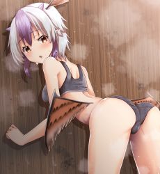 Rule 34 | 1girl, against wall, ass, bare shoulders, bird wings, blue hair, cameltoe, commentary, commentary request, head wings, highres, horns, kamunika, looking back, multicolored hair, open mouth, panties, pointy ears, red eyes, red wings, short hair, single head wing, solo, sports bra, steaming body, sweat, tokiko (touhou), touhou, two-tone hair, underwear, wall, white hair, wings