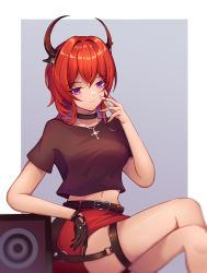 Rule 34 | 1girl, absurdres, arknights, belt, black belt, black choker, black gloves, black shirt, choker, commentary, crop top, cross, cross necklace, feet out of frame, fingerless gloves, gloves, hair intakes, hand up, highres, horns, innovation, jewelry, long hair, looking at viewer, midriff, navel, necklace, purple eyes, red hair, red skirt, shirt, short sleeves, sitting, skirt, solo, surtr (arknights), surtr (liberte echec) (arknights), thigh strap, thighs