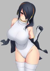 Rule 34 | 1girl, absurdres, arm at side, bare shoulders, black hair, black jacket, breasts, brown eyes, closed mouth, cowboy shot, deku suke, elbow gloves, emperor penguin (kemono friends), gloves, grey background, groin, hair over one eye, hand up, head tilt, headphones, highleg, highleg leotard, highres, huge breasts, jacket, kemono friends, leotard, long hair, long sleeves, looking at viewer, multicolored hair, off shoulder, open clothes, open jacket, penguin girl, penguin tail, red hair, simple background, sleeveless, smile, solo, streaked hair, tail, thighhighs, twisted torso, two-tone hair, white leotard, white thighhighs
