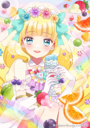 Rule 34 | 1girl, :d, absurdres, aqua bow, artist name, blonde hair, blue eyes, blunt bangs, bow, brooch, cup, cure finale, cure finale (party up style), delicious party precure, dot nose, elbow gloves, flower, food, food-themed background, frills, fruit, gloves, grapes, hair flower, hair ornament, heart, heart brooch, highres, holding, holding cup, hoshinokuzu alice, jewelry, kasai amane, long hair, looking at viewer, magical girl, open mouth, orange (fruit), orange slice, precure, puffy sleeves, rainbow, rainbow background, see-through, see-through sleeves, see-through veil, sitting, smile, solo, sparkle, star (symbol), star hair ornament, strawberry, twitter username, veil, whipped cream, white gloves