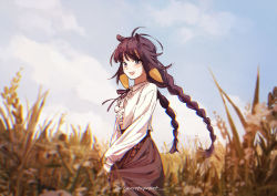 Rule 34 | 1girl, alternate costume, animal ears, blouse, blue sky, blurry, blurry foreground, blush, braid, carrotsprout, cloud, cloudy sky, collared shirt, commentary, cowboy shot, day, english commentary, field, flat chest, frilled shirt, frills, highres, hololive, hololive english, holomyth, long hair, long sleeves, looking at viewer, multicolored hair, neck ribbon, ninomae ina&#039;nis, open mouth, orange hair, outdoors, purple eyes, purple hair, purple ribbon, purple skirt, ribbon, shirt, shirt tucked in, skirt, sky, smile, solo, standing, tentacle hair, twin braids, twintails, twitter username, two-tone hair, virtual youtuber, wheat, wheat field, white shirt, wind