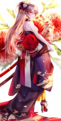 Rule 34 | 1girl, azur lane, bad id, bad pixiv id, bare shoulders, brown hair, closed mouth, floral background, flower, full body, hair between eyes, high heels, highres, japanese clothes, jean bart (azur lane), katana, long hair, looking back, neconel, red eyes, sword, very long hair, weapon