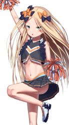 Rule 34 | 1girl, :o, abigail williams (fate), absurdres, alternate costume, arm up, ass, black bow, black shirt, black skirt, blonde hair, blue eyes, blush, bow, cheerleader, collared shirt, commentary request, fate/grand order, fate (series), forehead, hair bow, highres, holding, long hair, looking at viewer, midriff, navel, orange bow, parted bangs, parted lips, pleated skirt, polka dot, polka dot bow, pom pom (cheerleading), sanpeita, shirt, shoes, simple background, skirt, sleeveless, sleeveless shirt, solo, standing, standing on one leg, very long hair, white background, white footwear
