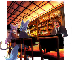 Rule 34 | 1boy, 2girls, absurdres, alcohol, animal ears, bartender, black jacket, black neckwear, blue hair, bottle, brown hair, cat ears, cat tail, chair, collared shirt, commentary request, cup, doitsuken, drinking glass, earrings, facial hair, facing another, facing away, fang, fox ears, fox tail, glasses, highres, holding, holding cup, holding drinking glass, horns, indoors, jacket, jewelry, jpeg artifacts, liquor, long hair, long sleeves, multiple girls, mustache, necktie, open mouth, original, pants, bar (place), purple eyes, purple hair, shelf, shirt, shoes, sitting, slit pupils, smile, standing, tail, white shirt, wine