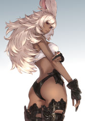 Rule 34 | 1girl, animal ears, ass, bare shoulders, black gloves, breasts, closed mouth, dark-skinned female, dark skin, final fantasy, final fantasy xiv, fingernails, from behind, gloves, gradient background, highres, jewelry, lips, long hair, looking at viewer, looking back, makimura shunsuke, medium breasts, midriff, rabbit ears, red eyes, ring, simple background, sleeveless, solo, thighhighs, thighs, viera, warrior of light (ff14), white background, white hair