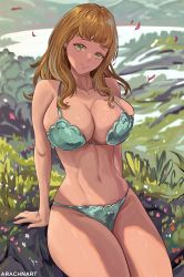 Rule 34 | 1girl, arachnart, bare shoulders, bikini, black clover, blush, breasts, closed mouth, earrings, green eyes, highres, jewelry, large breasts, long hair, mimosa vermillion, orange hair, petals, plant, rock, smile, swimsuit, tagme