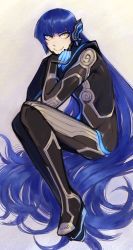 Rule 34 | 1other, absurdly long hair, androgynous, blue hair, bodysuit, commentary, elbow rest, full body, hand on own chin, hand on own face, hands up, head rest, headgear, highres, ittla, knees up, leaning forward, light blush, long hair, long sleeves, looking at viewer, protagonist (smtv), shin megami tensei, shin megami tensei v, sitting, smile, solo, very long hair, yellow eyes