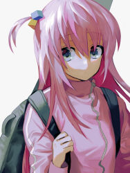 Rule 34 | 1girl, blue eyes, bocchi the rock!, cube hair ornament, expressionless, gotoh hitori, hair ornament, highres, holding strap, instrument case, jacket, long hair, long sleeves, looking to the side, one side up, pink hair, pink jacket, simple background, solo, tada (anuanu134), track jacket, upper body, white background, zipper