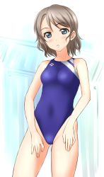 Rule 34 | 10s, 1girl, bad id, bad pixiv id, bare arms, bare legs, blue eyes, blue one-piece swimsuit, brown hair, competition swimsuit, looking at viewer, love live!, love live! school idol project, love live! sunshine!!, one-piece swimsuit, parted lips, short hair, solo, standing, sweatdrop, swimsuit, takafumi, tight clothes, watanabe you