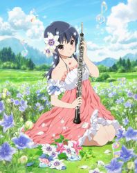 Rule 34 | 10s, 1girl, artist request, bare shoulders, beamed quavers, black hair, blurry, blush, cloud, cloudy sky, day, depth of field, dress, field, flower, flower field, glass slipper, hair flower, hair ornament, hibike! euphonium, highres, instrument, lake, long hair, musical note, oboe, official art, outdoors, quaver, red eyes, shoes, unworn shoes, sitting, sky, smile, solo, treble clef, wariza, white dress, yoroizuka mizore