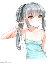 Rule 34 | 1girl, bare shoulders, black ribbon, blush, breasts, collarbone, flat chest, hair ornament, hair ribbon, kanzaki muyu, long hair, looking at viewer, no bra, open mouth, orange eyes, ribbon, silver hair, simple background, small breasts, solo, standing, upper body, white background