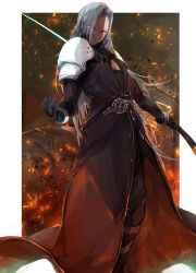 Rule 34 | 1boy, absurdres, armor, black gloves, blue eyes, commentary request, final fantasy, final fantasy vii, fire, from below, gloves, highres, holding, holding sword, holding weapon, long hair, male focus, sephiroth, shoulder armor, silver hair, solo, sword, tomochi (tmc tmc8), weapon