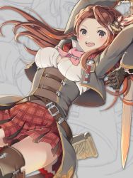 Rule 34 | 10s, 1girl, :d, arms up, belt, black gloves, boots, braid, breasts, brown hair, carren (granblue fantasy), cleavage, ascot, cropped jacket, gloves, granblue fantasy, grey eyes, hair ornament, highres, holding, holding sword, holding weapon, karen (granblue fantasy), long hair, looking at viewer, miniskirt, open mouth, plaid, plaid skirt, red skirt, sheath, shirt, skirt, smile, solo, sword, teeth, thigh boots, thighhighs, underbust, unsheathed, upskirt, weapon, white shirt, yoshino ryou