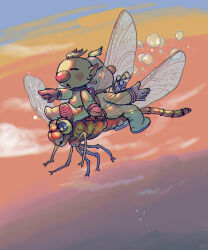 Rule 34 | 2boys, alien, asaikaina, back-to-back, backpack, bag, big nose, blonde hair, blue gloves, blush stickers, brown hair, blowing bubbles, bug, closed eyes, cloud, commentary request, dragonfly, flying, gloves, gradient sky, holding, insect, insect wings, louie (pikmin), male focus, multiple boys, nintendo, olimar, open mouth, orange sky, pikmin (series), pointing, pointing forward, pointy ears, red bag, red gloves, riding, riding animal, short hair, sitting on animal, sky, spacesuit, sunset, very short hair, wind, wind lift, wings