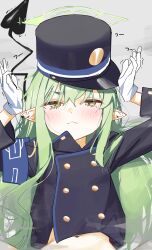Rule 34 | 1girl, absurdres, black hat, black shirt, black tail, blue archive, blush, bottomless, demon tail, gloves, green hair, green halo, hair between eyes, halo, hat, highlander sidelocks conductor (blue archive), highres, long hair, long sleeves, looking at viewer, navel, peaked cap, pointy ears, shirt, sidelocks, solo, syhan, tail, white gloves, yellow eyes
