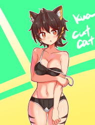 Rule 34 | 1girl, :o, animal ears, black hair, black panties, black sports bra, body markings, breasts, cat ears, cat girl, cat tail, character name, cleavage, commentary, cougar (cougar1404), cowboy shot, gluteal fold, groin, kua (cougar1404), looking at viewer, medium breasts, multicolored hair, navel, open mouth, orange eyes, orange hair, panties, ribbed bra, ribbed panties, short hair, solo, sports bra, standing, strap slip, symbol-only commentary, tail, tiger stripes, underwear, underwear only