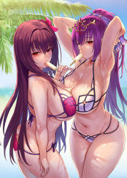 Rule 34 | 2girls, alternate costume, armpits, arms behind head, ass, asymmetrical docking, bare shoulders, beach, bikini, blush, bracelet, breast press, breasts, butt crack, choker, cleavage, collarbone, cowboy shot, day, fate/grand order, fate (series), flower, food, food in mouth, hair between eyes, hair flower, hair ornament, hibiscus, highres, holding, jewelry, large breasts, long hair, looking at viewer, mouth hold, multi-strapped bikini, multiple girls, nail polish, navel, outdoors, popsicle, popsicle in mouth, purple bikini, purple hair, red eyes, scathach (fate), scathach (fate/grand order), scathach (swimsuit assassin) (fate), scathach skadi (fate), skindentation, swimsuit, tiara, very long hair, zhen lu