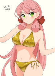 Rule 34 | 1girl, absurdres, akashi (kancolle), alternate costume, artist name, bikini, blunt tresses, breasts, cleavage, collarbone, cowboy shot, dated, gold bikini, green eyes, grin, hamukiyo, highres, kantai collection, large breasts, looking at viewer, midriff, navel, pink hair, side-tie bikini bottom, simple background, smile, solo, swimsuit, teeth, white background