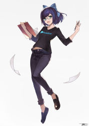 Rule 34 | 1girl, a-chan (hololive), absurdres, artist name, black pants, black shirt, blue bow, blue eyes, bow, clipboard, collarbone, denim, full body, glasses, green eyes, hair bow, hands up, highres, holding, holding clipboard, holding pen, hololive, jeans, jun wei, loafers, logo, looking at viewer, midriff peek, open mouth, pants, paper, papers, pen, shirt, shoes, solo, v-neck, virtual youtuber, w arms